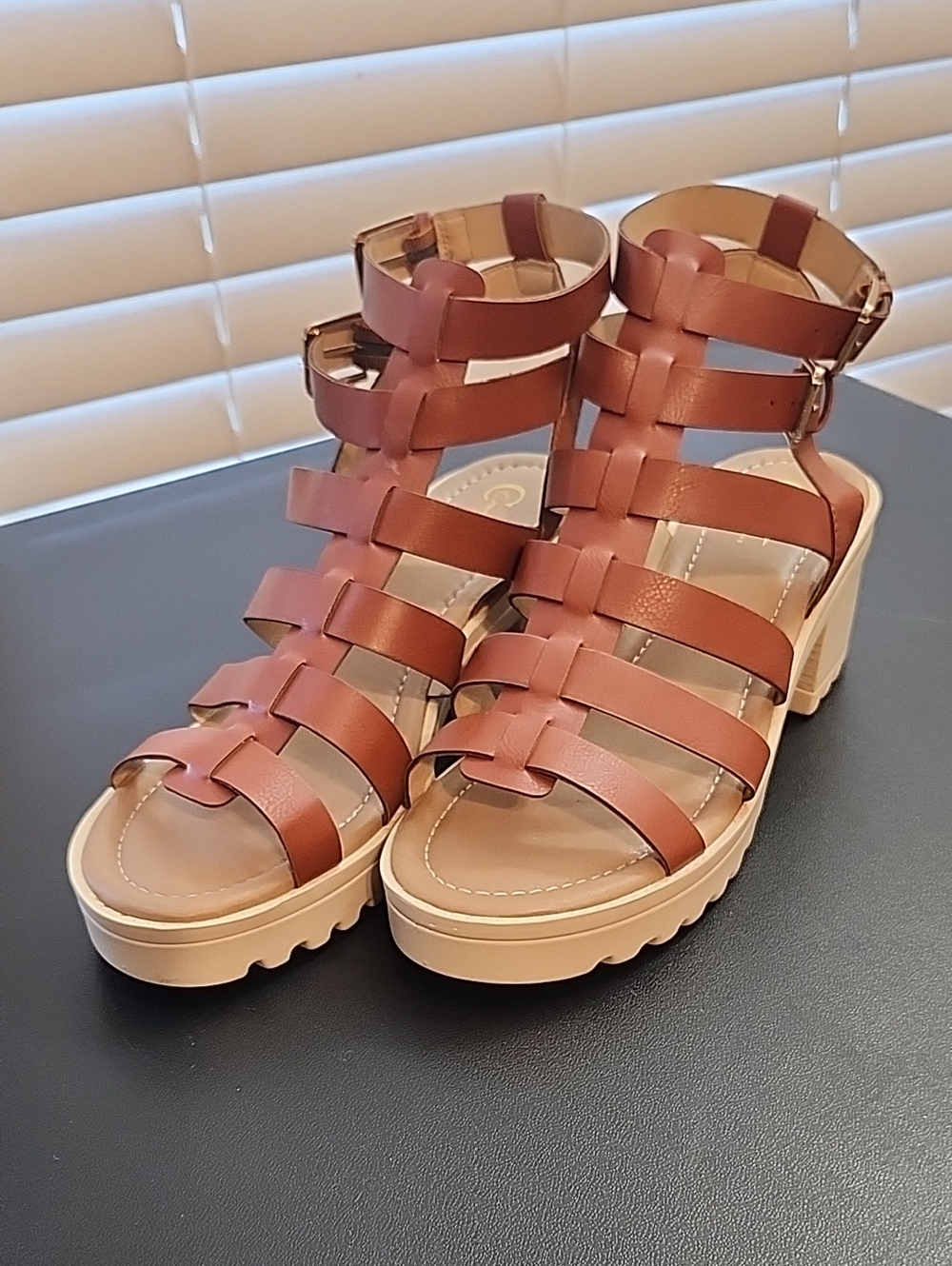 Chunky Tan Strappy Gladiator Sandals with Ankle Buckle
